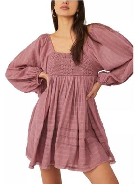Free People Ari‎ Smocked Crochet Boho Long Sleeve Mini Babydoll Dress XS Rose